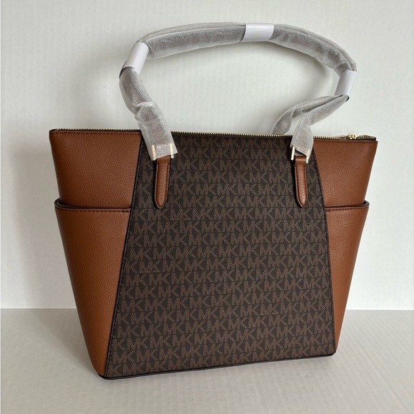 NWT Michael Kors Charlotte Top Zip Tote MK Signature Shoulder Bag Brown - Picture 13 of 15